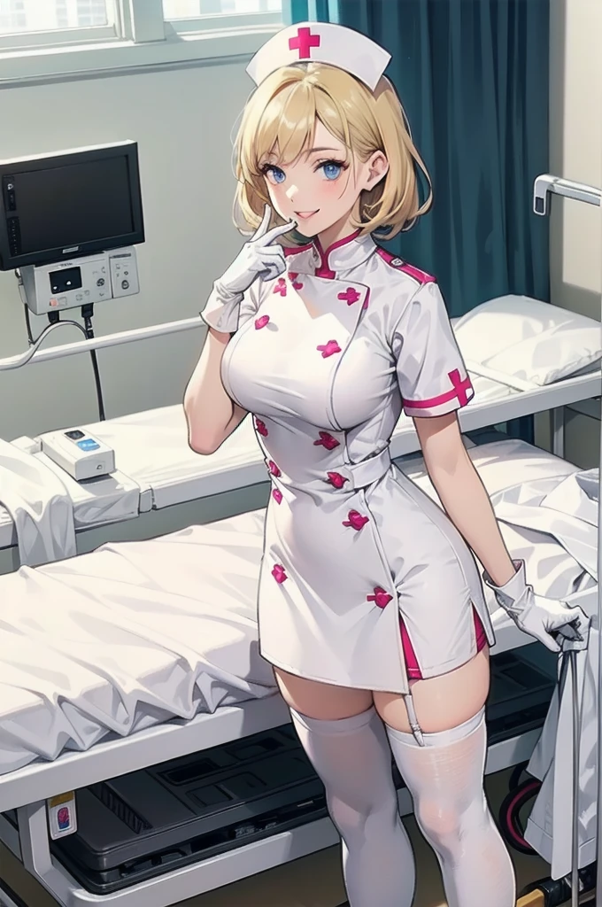 1woman, solo, nurse, nurse cap, white wear, ((white legwear, zettai ryouiki)), white gloves, blonde hair, blue eyes, pink lips, smile, standing, ((hospital room)), sharp outline, short sleeves, mature female, 35 years old, best quality, masterpiece