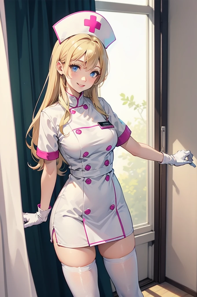 1woman, solo, nurse, nurse cap, white wear, ((white legwear, zettai ryouiki)), white gloves, blonde hair, blue eyes, pink lips, smile, standing, ((hospital room)), sharp outline, short sleeves, mature female, 35 years old, best quality, masterpiece