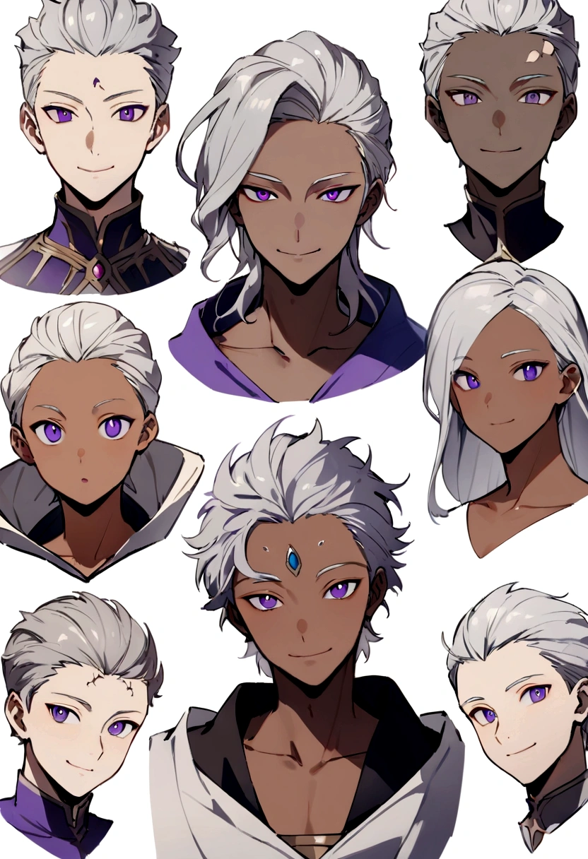 ((Highest quality)), ((masterpiece)), (((White Background))),male,(20th Generation),(Fantasy Costume),(youth),Character portrait,Gray Hair,((Front view)),(Character details),Purple Eyes,Tan Skin,There are eyes on the forehead,alone,Are standing,Silver Hair,adult,smile