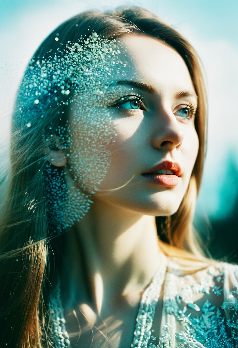 (Double Exposure Photography by Stanley Stellar and Josefa Pla Marco:1.2), award-winning photography, pale skin, evil slavic woman, long dark blond hair, upper body, aesthetic, dazzling atmosphere, atmospheric scattering, perfectly focused, f/22, symmetry and balance, artistic, infrared photography, outstanding details, (opal multi-color and opaque colors:0.1), ((artistic model pose for photo))