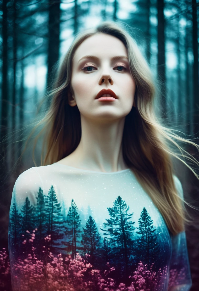 (Double Exposure Photography by Stanley Stellar and Josefa Pla Marco:1.2), award-winning photography, pale skin, evil slavic woman, long dark blond hair, upper body, aesthetic, dazzling atmosphere, atmospheric scattering, perfectly focused, f/22, symmetry and balance, artistic, infrared photography, outstanding details, (opal multi-color and opaque colors:0.1), ((artistic model pose for photo))