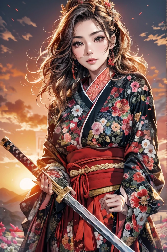 He holds a long Japanese sword in his right hand.、Beautiful 40 year old Japanese woman、A cool smile、Gorgeous black and red kimono、Gorgeous floral patterned kimono、Beautiful sunset、The sunset is dazzling、Slit eyes、Realistic eyes、Realistic eyes、A Japanese sword shines in the setting sun、Make your breasts bigger、Hold the Japan sword with your right hand、The right hand grip is correct、Place your left hand on your hip