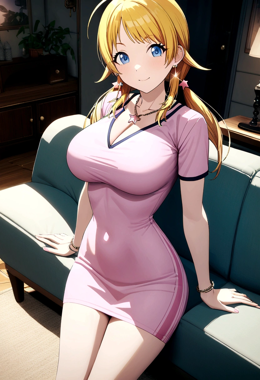 blonde Hachimiya Meguru with twintails, a very detailed face, blue eyes, very large breasts, a slim waist, slim hips, pink tight t-shirtdress, a pink star necklace, long chain earrings, sitting in a living room with a sofa and a table