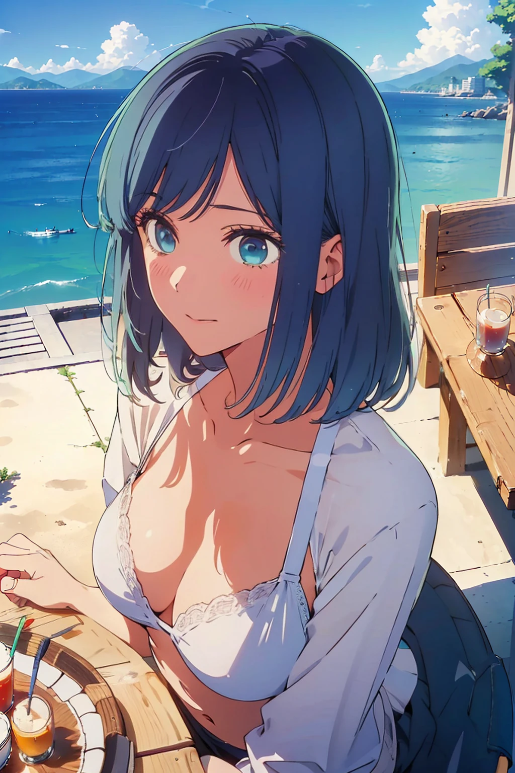 Highest quality,8k,detailed,F cup bust、Big Breasts、Slim and beautiful arms、Slim body、Very white beautiful skin、((((1 person、smile、Thin white bikini、smile、sit、In the background are the urban buildings of Tokyo、Outdoor café terrace、Drink juice、Cheek resting on hand、coastal、table、looking at the camera、Very cute face、Looking up、Shooting from a distance、Shot from above、Navy hair color))))、Sexy pose、Very blue sky、A completely cloudless sky、She tilted her head slightly、The atmosphere is bright and lively、The woman is at the center of the image。