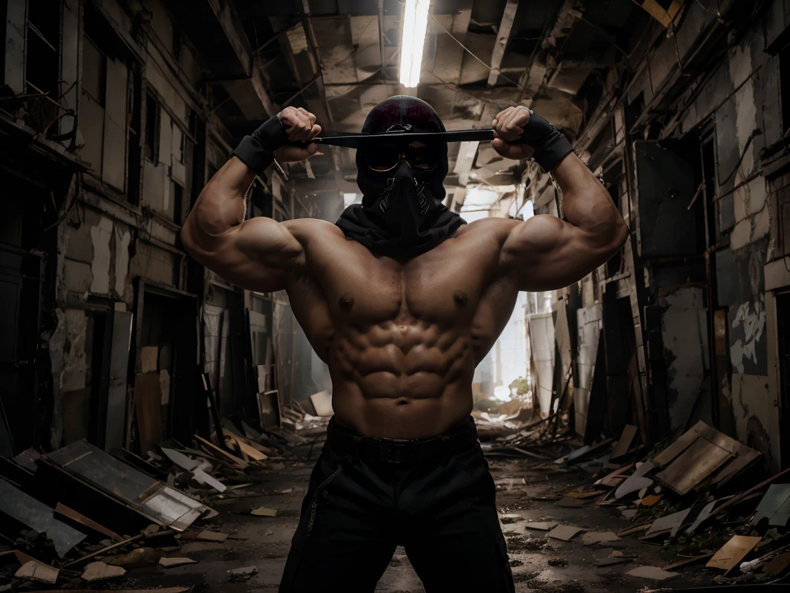 Create an image of a muscular character standing in a grassy field at night. The character is wearing an open jacket, revealing their defined abs. The jacket has red cuffs, and the character is wearing dark pants. Their face is partially covered with a skull mask, giving them a mysterious and threatening appearance. The lighting is dim, adding to the dark and enigmatic atmosphere, fighting pose. A very muscular man with a strong build. He has a well-defined jaw and a serious expression, doesn't look at the camera. Su piel es clara, y tiene barba corta. karateka, pants, chaqueta gruesa abierta mostrando su torso bien definido, hermoso rostro，lleno de luz，Una mirada decidida, corte militar, ruso, apocalyptic city background, luchando contra zombies, punches against zombies, torso peludo, cara mirando a otro lado, no background vacío