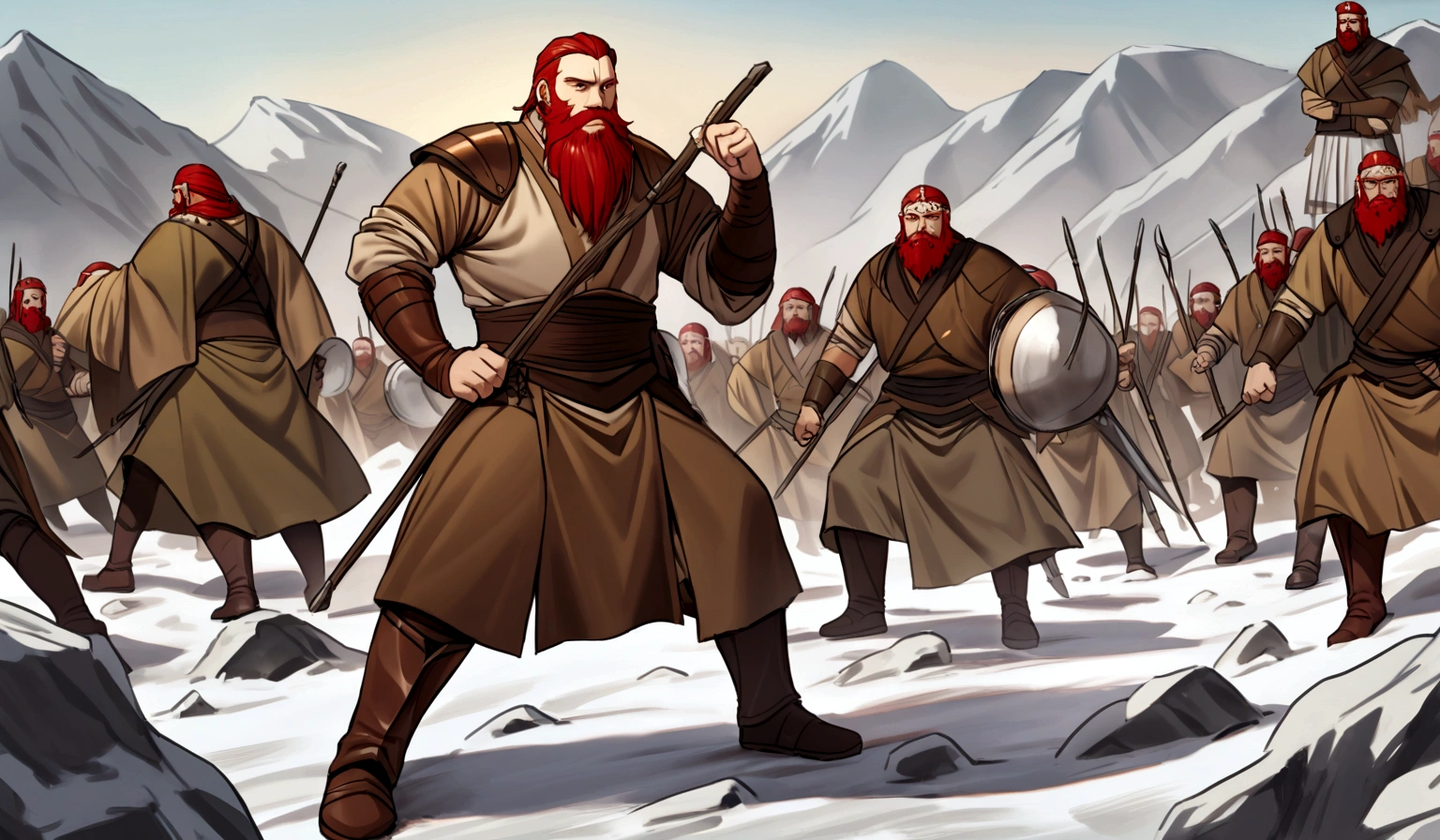 Erik the Red Beard: The Brave Leader

In the harsh, icy lands of the north, Erik the Red Beard led his Viking tribe with unwavering courage and wisdom. His fierce red beard and commanding presence made him a legendary figure among his people. One winter, the tribe's food supplies dwindled, and an imminent attack from a rival clan threatened their survival. Erik knew he had to protect his people and secure their future.

As the leader, he gathered his warriors around a roaring fire and outlined a strategic plan to defend their village. Erik decided to fortify the village defenses, train the warriors in new combat techniques, and set traps for the approaching enemies. With a blend of cunning strategy and sheer bravery, Erik led his tribe in preparing for the battle.

On the eve of the attack, Erik's mind was a whirlwind of thoughts and worries. He walked through the village, ensuring everything was in place and boosting the morale of his people. The following day, the rival clan descended upon the village. Erik, at the forefront, fought valiantly, his battle cries echoing through the icy air. His story unfolds as he leads his tribe in a fierce battle, discovering the depths of his own bravery and the true strength of his people.