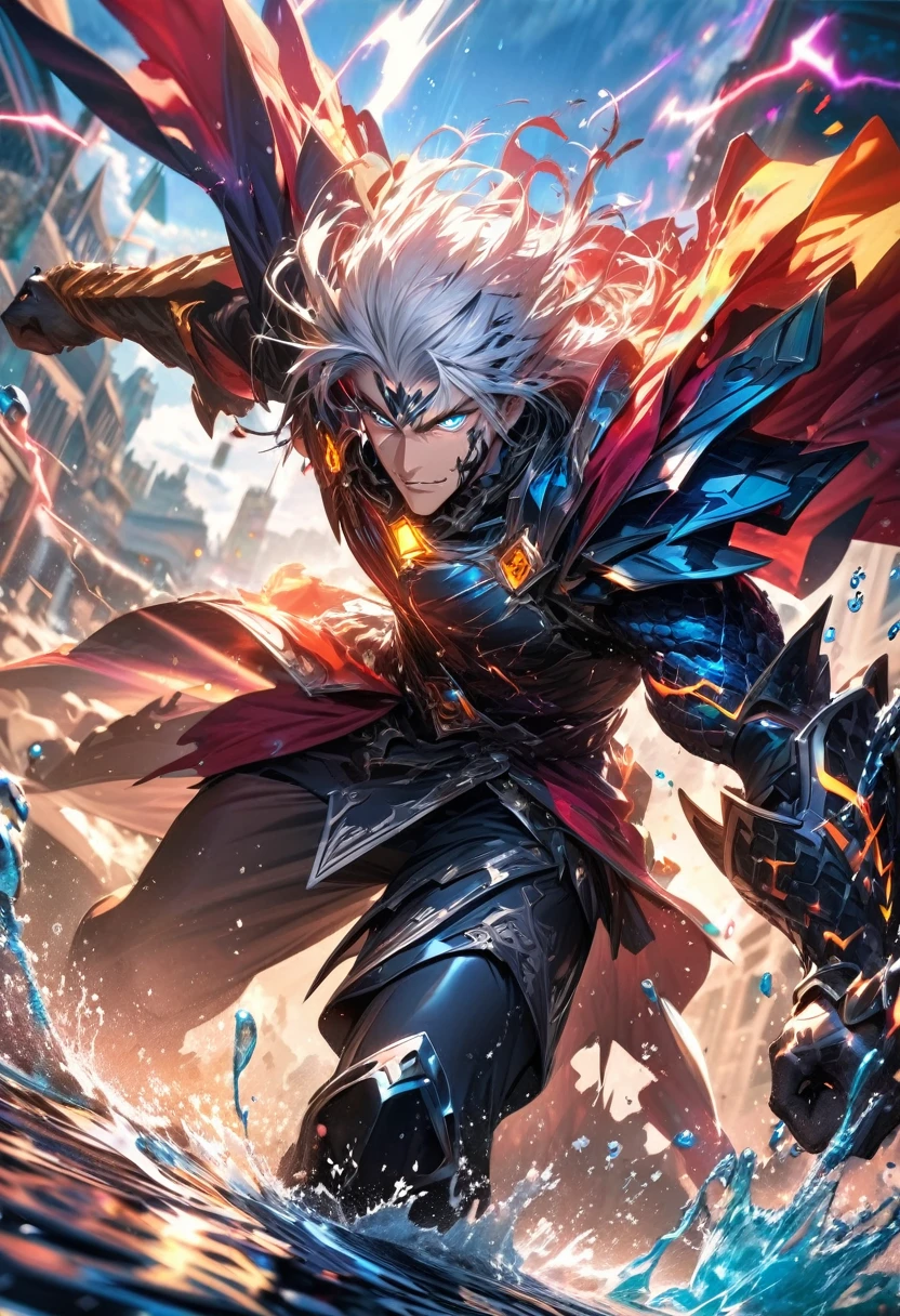 absurdres, highres, ultra detailed, HDR, masterpiece, extremely detailed face and eyes, dragon knight , colorful white hair , , solo, man, handsome, , , Epic fight scene, colorful water splashing effect,colorful lightning effect,glowing glitters