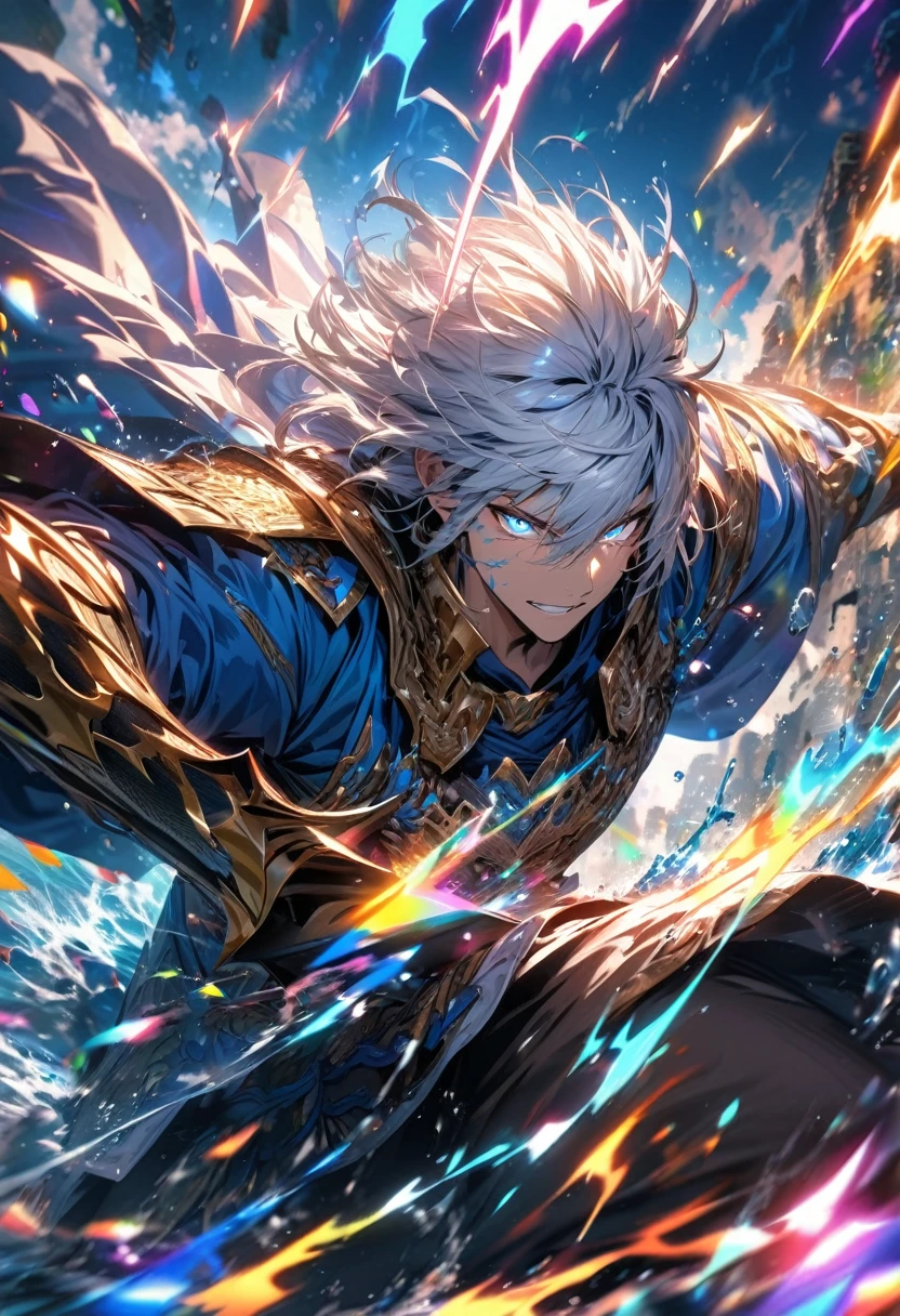 absurdres, highres, ultra detailed, HDR, masterpiece, extremely detailed face and eyes, dragon knight , colorful white hair , , solo, man, handsome, , , Epic fight scene, colorful water splashing effect,colorful lightning  effect,glowing glitters