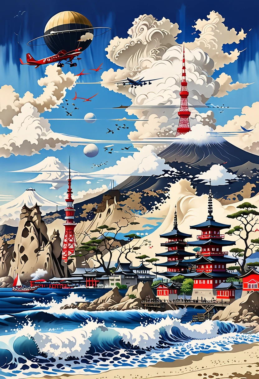 Japanese Landscape,Ocean,Fuji Mountain,Tokyo Tower,plane,Kyoto,Asakusa,Osaka,Fukuoka,Style of Japan painting,Beach waves splashing,エメラルドブルーのOceanの背景,Cumulonimbus cloud debris,Highest quality,Ultra-high resolution,Golden Ratio,Maximum Coefficient,Cappadocia
