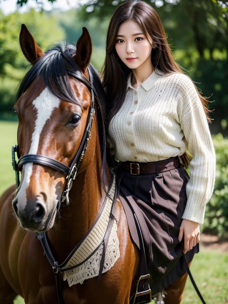 horse riding 、(Highest quality)), (Very detailed), ((Very detailed)), 4K, (8k), Highest quality, One person,Kind Face、Soft Light、RAW quality、Sheer blouse