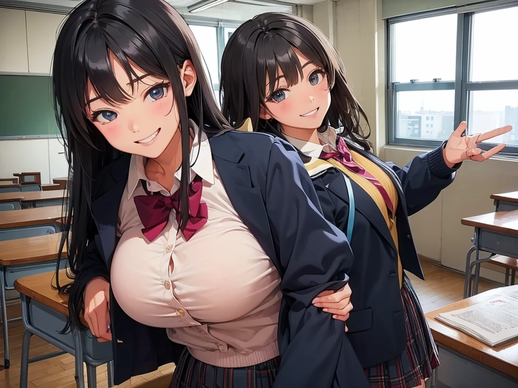 high school girl、Dressed in high 、School classroom、(Big Breasts)、Grinning face、((solo))、smirk