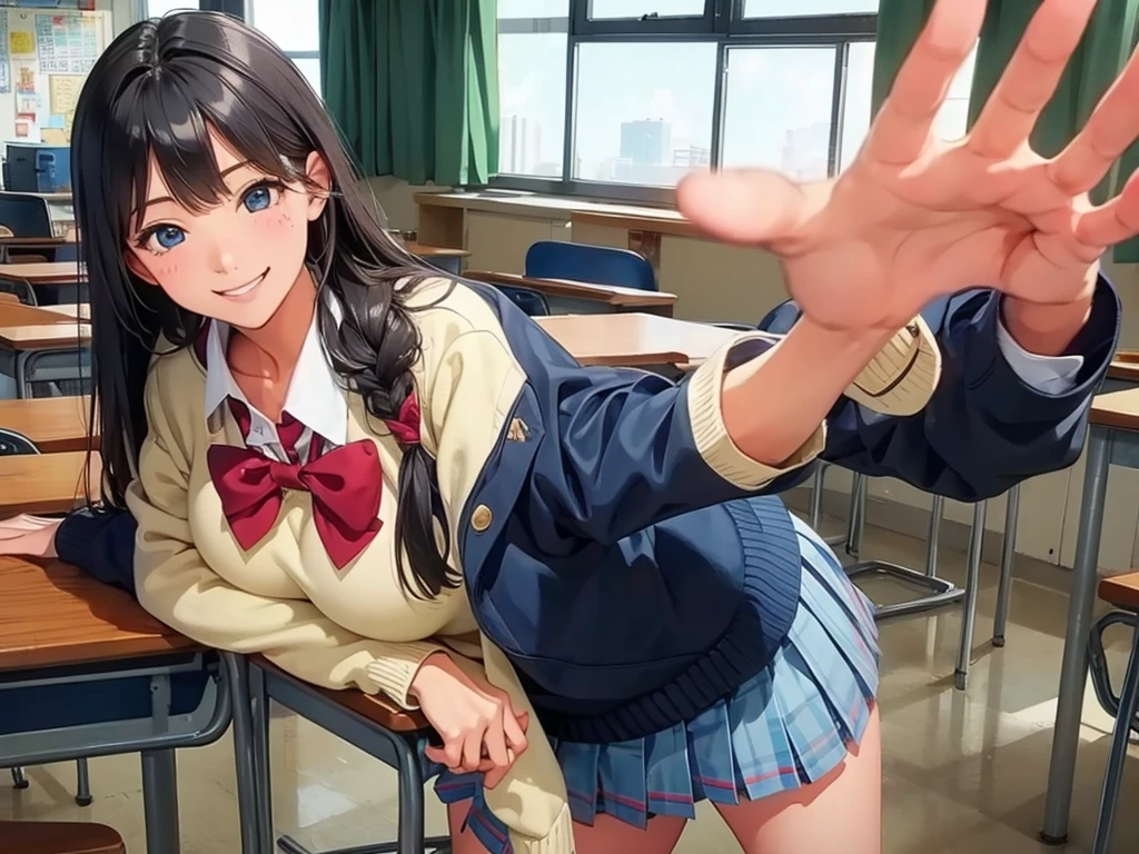 high school girl、Dressed in high 、School classroom、(Big Breasts)、Grinning face、((solo))、smirk