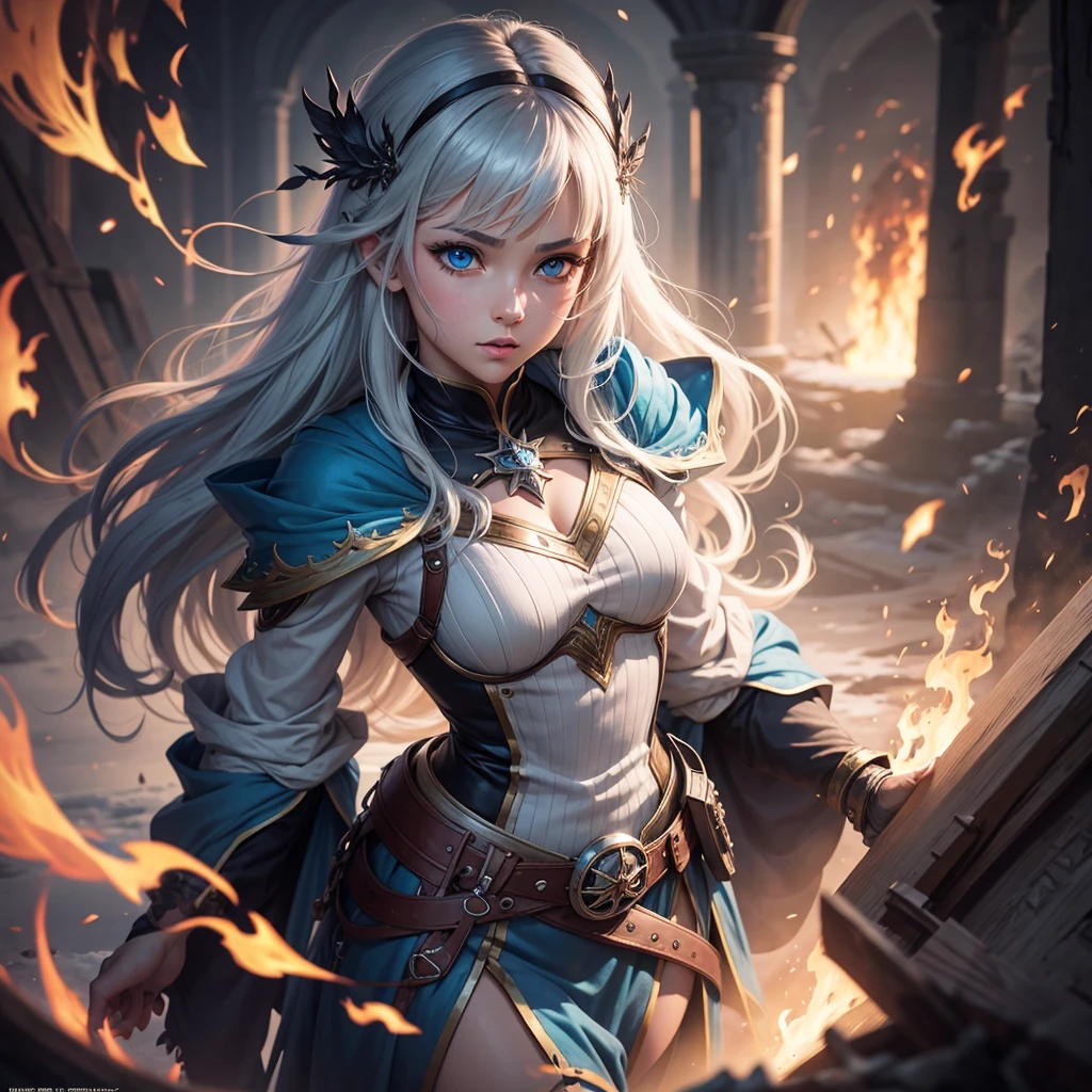 Anime, girl, portrait, silver blue волосы, blue eyes, fire and ice, Epic fantasy in digital art style, эпический portrait в жанре ролевой игры, Epic digital art illustration, Peter Mohrbaher Artstation, detailed digital Anime art, epic fantasy art style, fanart best art station, deviantart artstation cgscosiety, stunning digital illustration, Awesome character art, epic exquisite character art