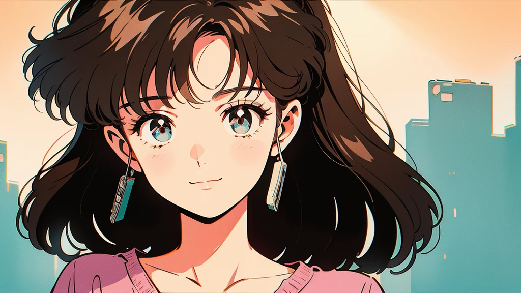 An anime style drawing of a girl holding a cassette tape. The background is simple and the main focus is on the girl and the cassette tape. The girl has big eyes, brown hair, and wears casual clothes. The cassette tape is red and labeled ``1980...''. The girl is smiling and holding the cassette up in front of her face.