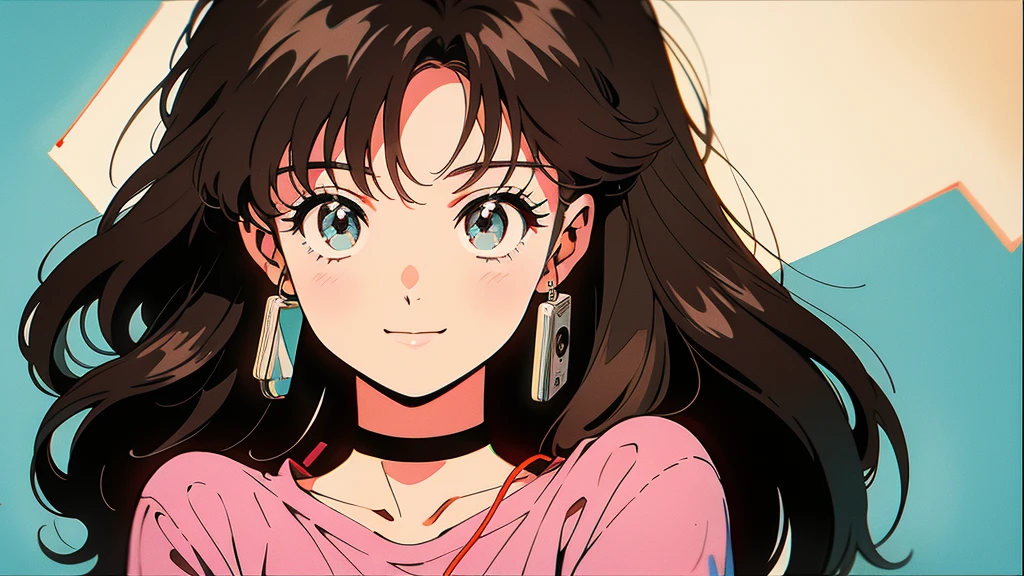 An anime style drawing of a girl holding a cassette tape. The background is simple and the main focus is on the girl and the cassette tape. The girl has big eyes, brown hair, and wears casual clothes. The cassette tape is red and labeled ``1980...''. The girl is smiling and holding the cassette up in front of her face.