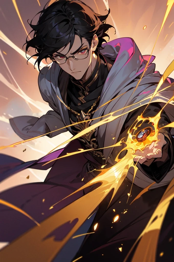 masterpiece, best quality, 1 male, young, tall muscular, handsome, finely detailed eyes, intricate details, black hair, short hair, evil face, solo, upper body, detailed dark shadow background, detailed face, good sorcerer, color magical robes, determined expression, white color scheme, dark crimson light, glowing magical runes, realistic lighting, floating particles, sparks, surrounded by gold lightning red arcane symbols, corrupted by eldritch power, bloom, glasses, gloves