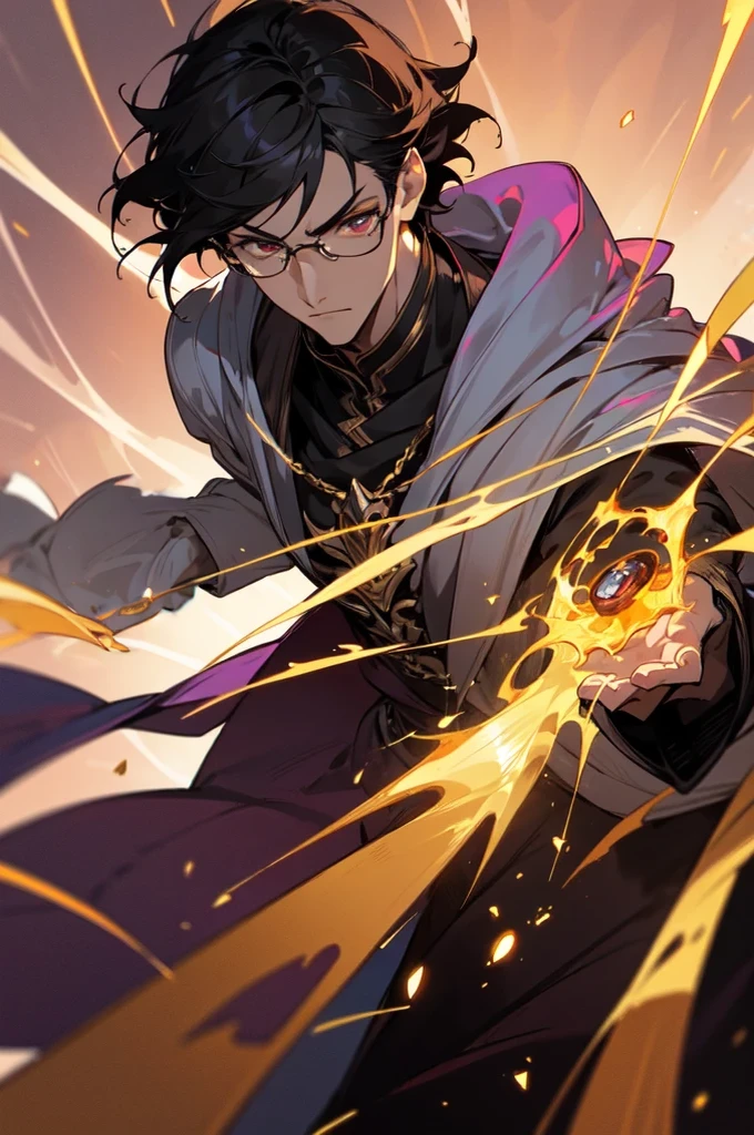 masterpiece, best quality, 1 male, young, tall muscular, handsome, finely detailed eyes, intricate details, black hair, short hair, evil face, solo, upper body, detailed dark shadow background, detailed face, good sorcerer, color magical robes, determined expression, white color scheme, dark crimson light, glowing magical runes, realistic lighting, floating particles, sparks, surrounded by gold lightning red arcane symbols, corrupted by eldritch power, bloom, glasses, gloves