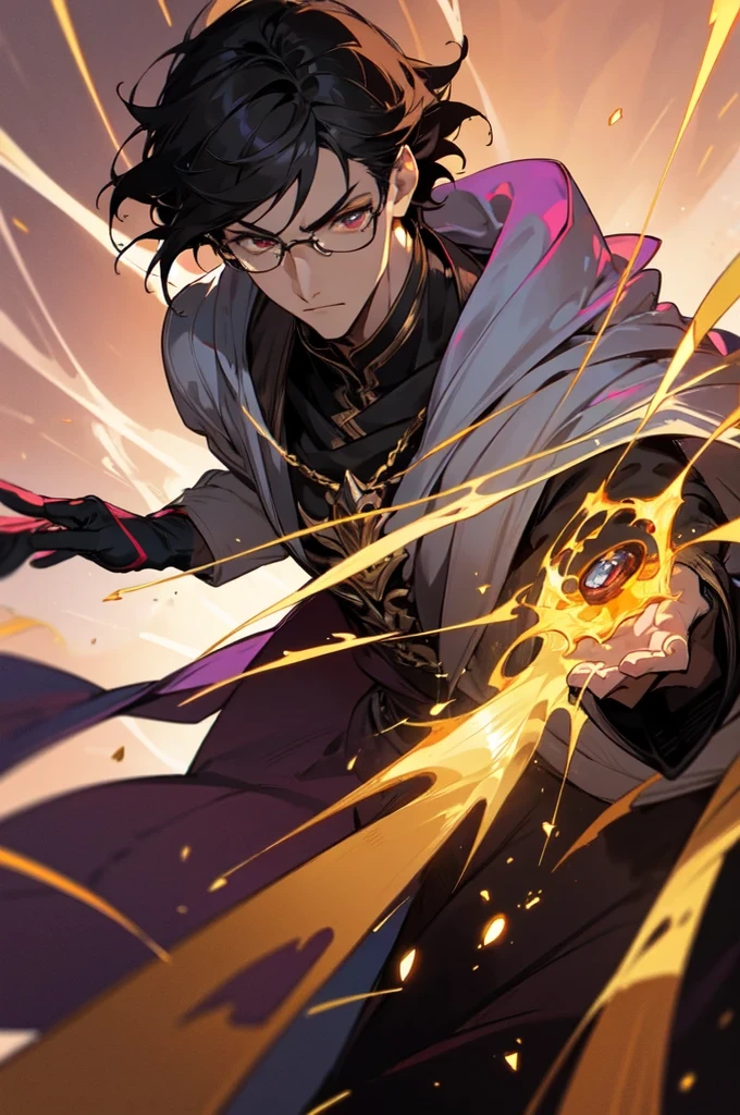masterpiece, best quality, 1 male, young, tall muscular, handsome, finely detailed eyes, intricate details, black hair, short hair, evil face, solo, upper body, detailed dark shadow background, detailed face, good sorcerer, color magical robes, determined expression, white color scheme, dark crimson light, glowing magical runes, realistic lighting, floating particles, sparks, surrounded by gold lightning red arcane symbols, corrupted by eldritch power, bloom, glasses, gloves