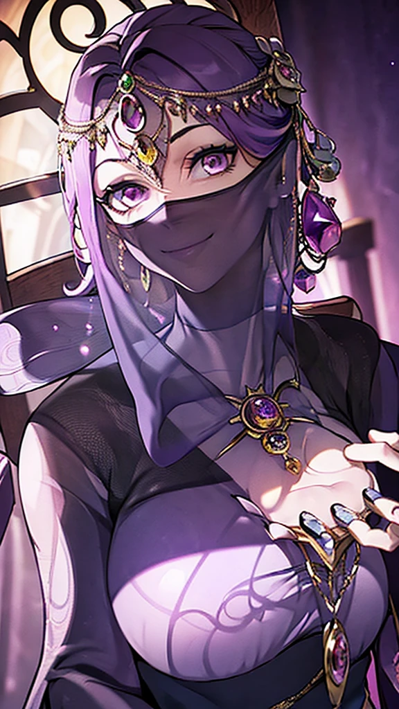 Mature Woman,(((Female fortune teller))),(((A veil covering the mouth,Light gloves))),(Detailed Description, High resolution，8k wallpaper，masterpiece，Highest quality,Depth of region,Anatomically accurate depiction,A face with attention to detail, Eye for detail,Nice hands, Perfect Fingers),((A seductive smile)),eyelash,(Hollow Eyes),There is cleavage in the chest),(From below:1.1),Perfect body,Purple lips,Shadow,Villainess,background：Inside a dimly lit church,(((Sitting in a chair,A faintly purple glowing crystal ball is placed in his hand.))),hypnotism