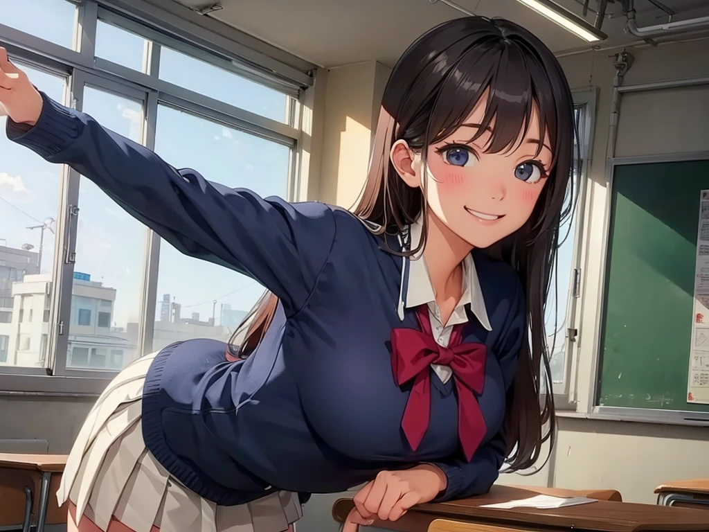 high school girl、Dressed in high 、School classroom、(Big Breasts)、Grinning face、((solo))、smirk