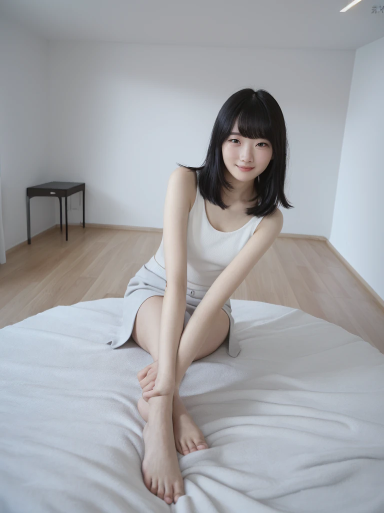 there is a woman sitting on a bed with her legs crossed, pretty face with arms and legs, sitting on the bed, sitting on a bed, sitting on edge of bed, sitting on her bed, 奈良美智, reluvy5213, japanese model, posing in a bedroom, small legs, chiho, bottom angle