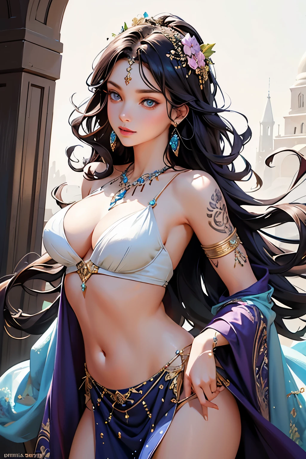 The magnificent digital masterpiece showcases a captivating, enchanting female character. Her cascading, lustrous brown locks are adorned with delicate purple blooms, lending her an aura of mystique or otherworldliness. Her piercing blue eyes gaze intently, while a meticulously crafted necklace, adorned with a circular pendant, enhances her allure. An intricate design that resembles a feather or leaf motif can be seen gracefully tattooed on her right shoulder. The image exudes a meticulous attention to detail, hinting at a fantasy or fantasy-inspired ambiance. The character's countenance remains neutral, yet her