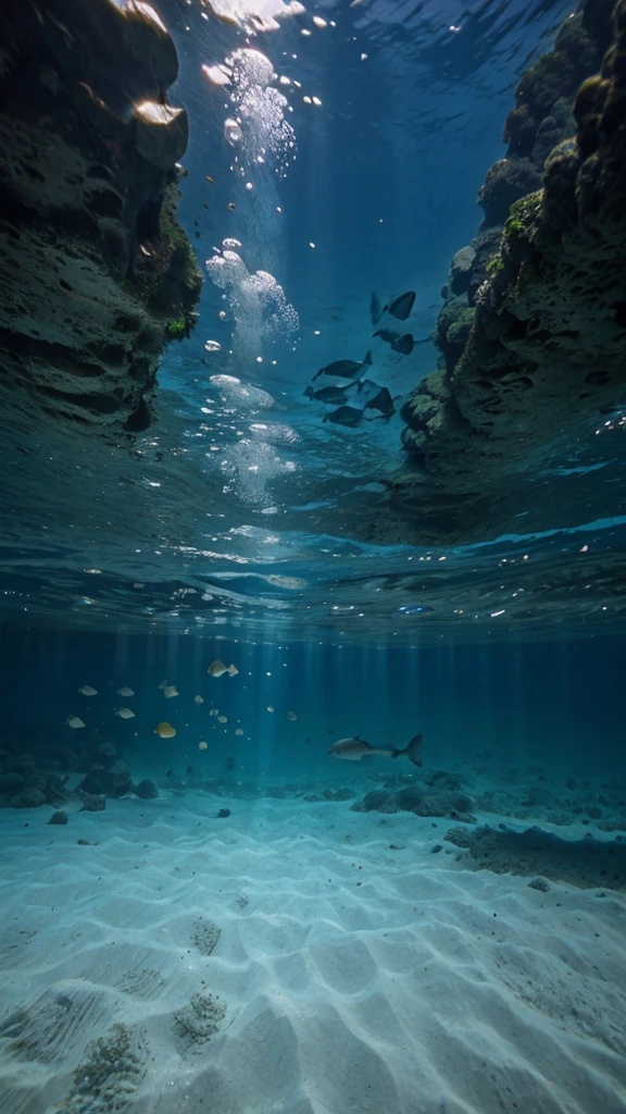 Underwater view, just blue water and the surface from below, no objects, just water of different tints of blue