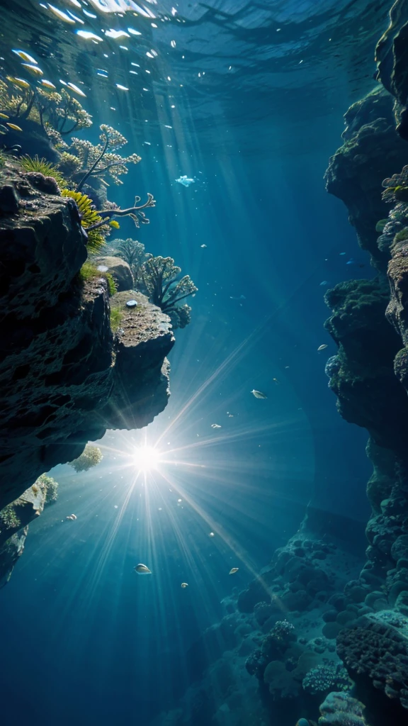 Underwater view, just blue water and the surface from below, no objects, just water of different tints of blue