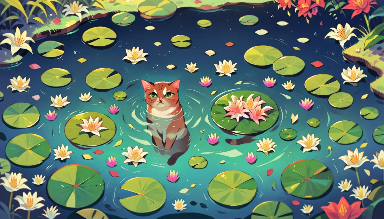 masterpiece, best quality,flower, outdoors, water, no_humans, animal, cat, white_flower, nature, partially_submerged, animal_focus, green_theme, lily_pad, pond
