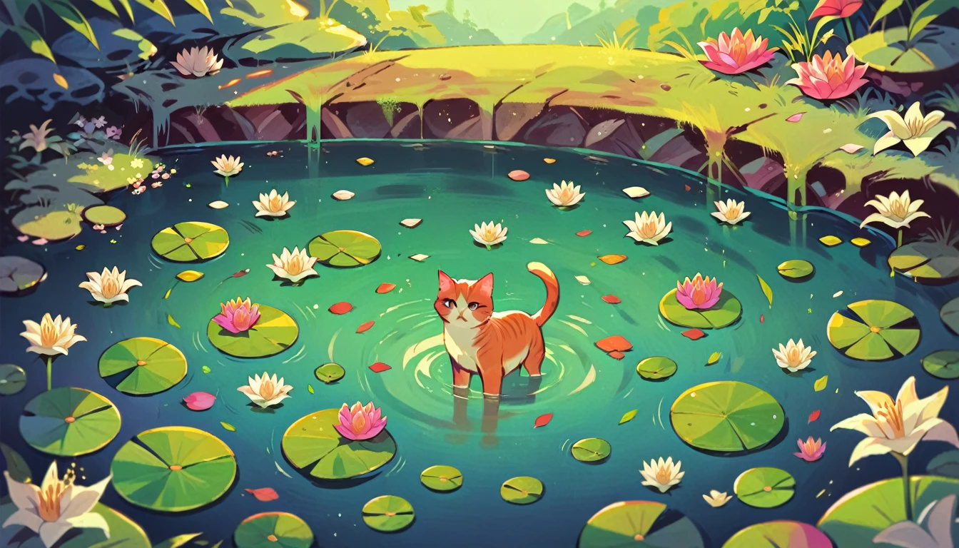 masterpiece, best quality,flower, outdoors, water, no_humans, animal, cat, white_flower, nature, partially_submerged, animal_focus, green_theme, lily_pad, pond
