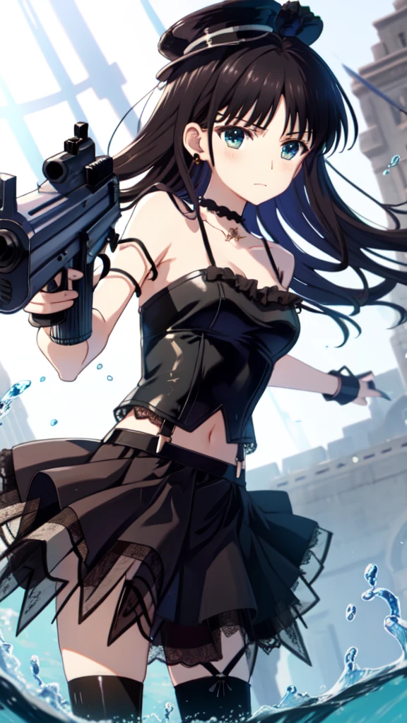 navel, choker, midriff, strap slip, peaked cap, fingerless gloves, (hat, mini top hat, single thighhigh, black skirt, frilled dress:1.2) ,water gun,