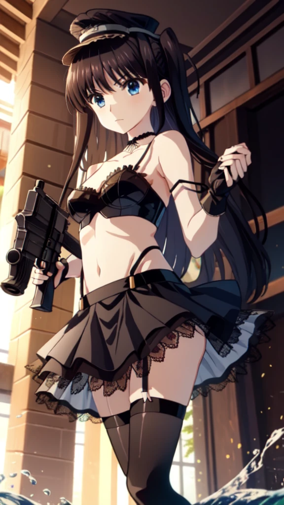 navel, choker, midriff, strap slip, peaked cap, fingerless gloves, (hat, mini top hat, single thighhigh, black skirt, frilled dress:1.2) ,water gun,