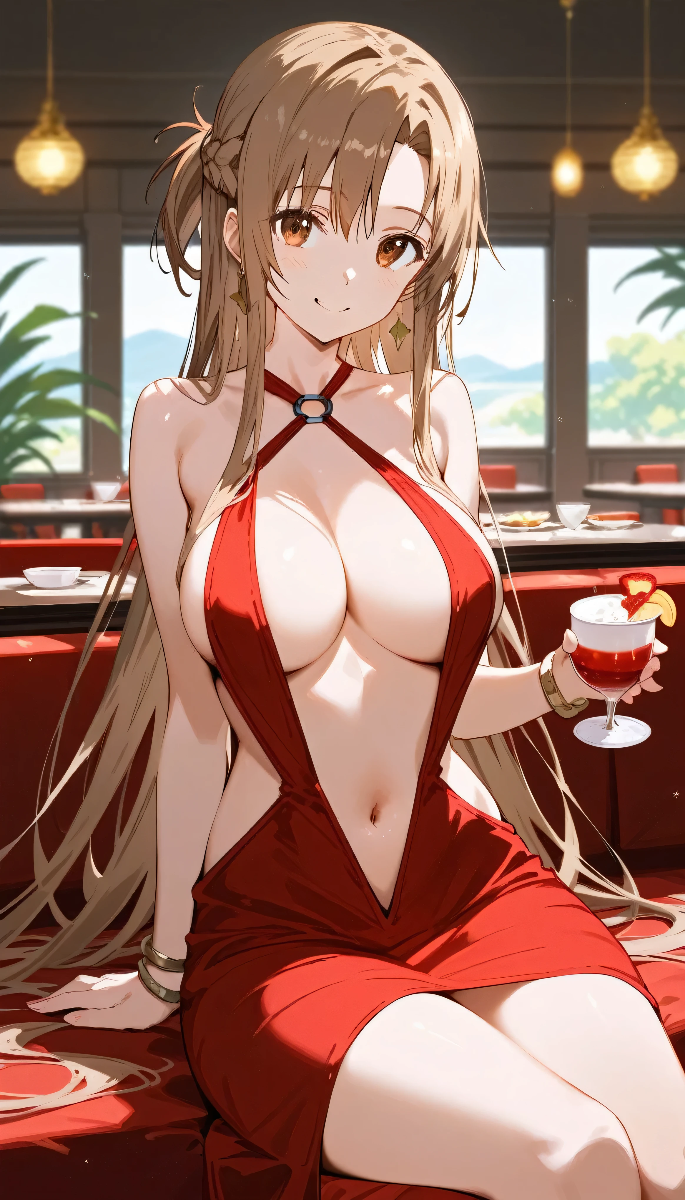 score_9,score_8_up,score_7_up,18 year old,1girl,asuna \(sao-alo\), sword art online,yuuki asuna,solo, brown eyes, brown hair, long hair, bangs, braid,sitting, holding cup,seductive-smile,large breasts,brown hair,parted hair,long hair,red dress,halter dress,plunging neckline,center opening,cleavage,navel,earrings,bracelet,restaurant,