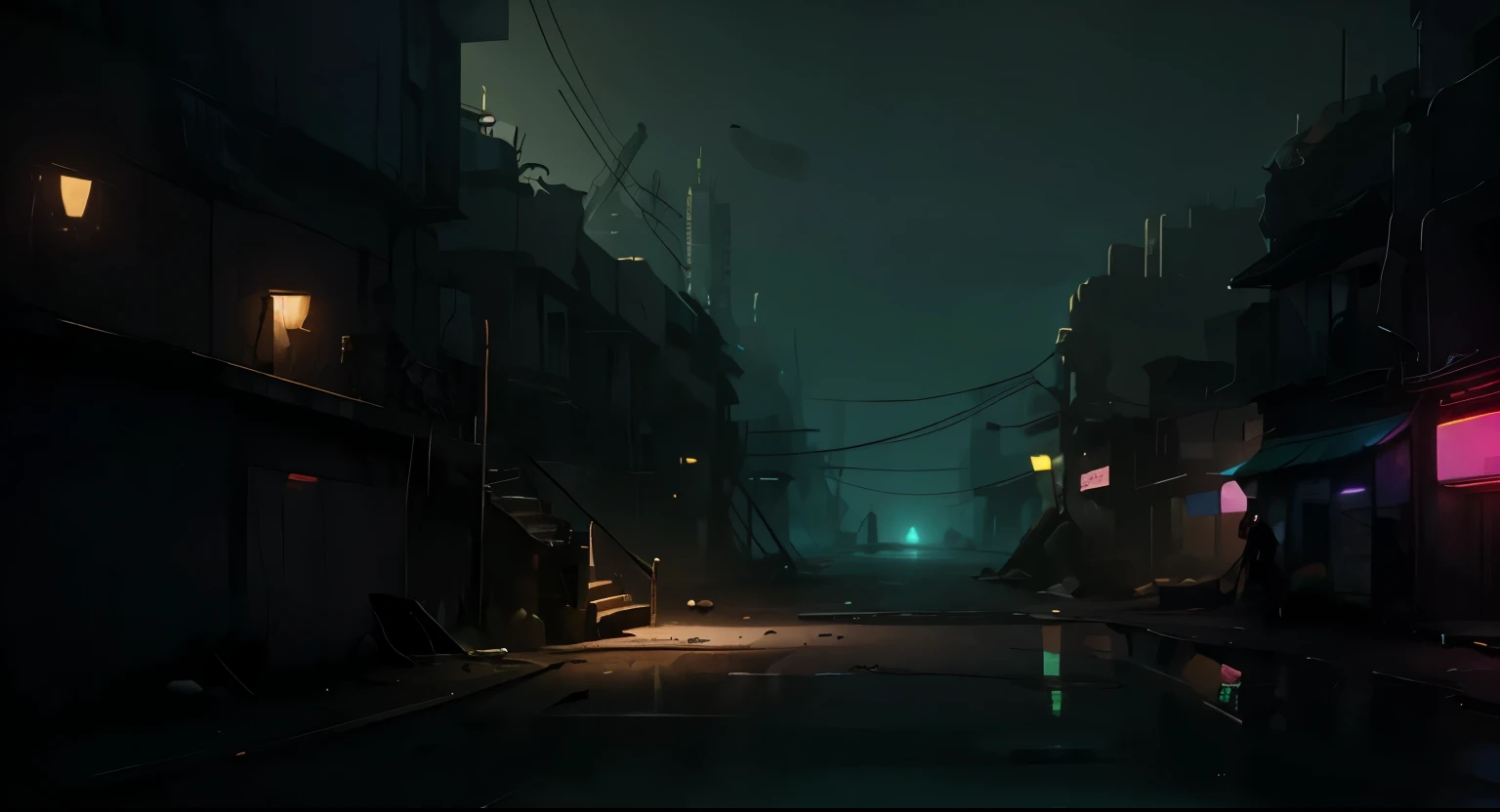 ((melhor qualidade)), ((Obra de arte)), ((detalhado)), Broken videogames and Computers around everywhere. It's night really very late and very dark.  in a post-apocalyptic scenario, ruins of a city destroyed by floods, water and lame in the streets, RUST, VEGETATION and FUNGIS A LOT AROUND EVERYWHERE present