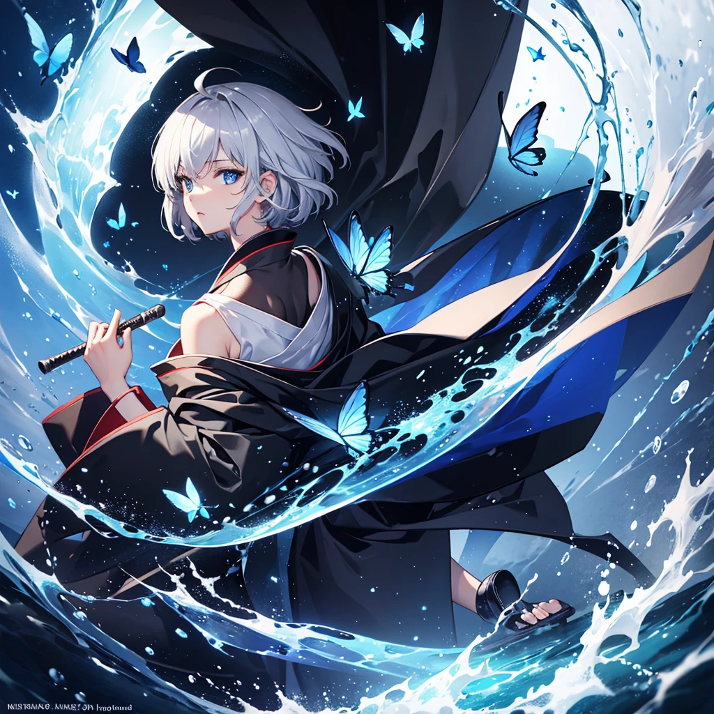 (((1 person)))　((High resolution　Gray Hair　short hair　Black kimono　Shoulder))　((Black Band　military commander　Lonely　despair　blue eyes))　((Blue Butterfly　night　Japanese style　old　Shining Aura　garden　water surface))　(dance　日本knife　knife　Slashing)　moon　star　Draw your sword　Slashing　Catch the wind　