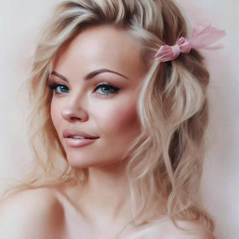 (8k, best quality, masterpiece:1.2),(best quality:1.0), (ultra highres:1.0), pencil colors, Pamela Anderson, shoulder, hair ribbons, by agnes cecile, full body photography, extremely luminous bright design, pastel colors, (ink:1.3), autumn lights