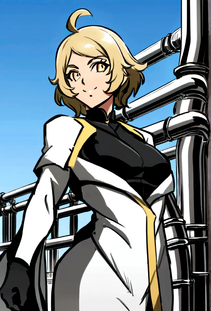 personagem dos desenhos animados de uma mulher de 50 anos, competente e segura, is not center, standing with a confident posture. She is the director of a chemical industrial plant, which can be seen in the background with pipes and chimneys under a clear blue sky.
She has short hair in an asymmetrical pixie style., com o lado esquerdo mais longo que o direito. Her hair is brown with golden blonde highlights that shine in the sunlight.. Your look is determined, reflecting your experience and leadership. Your smile is wide and welcoming and inspires confidence.