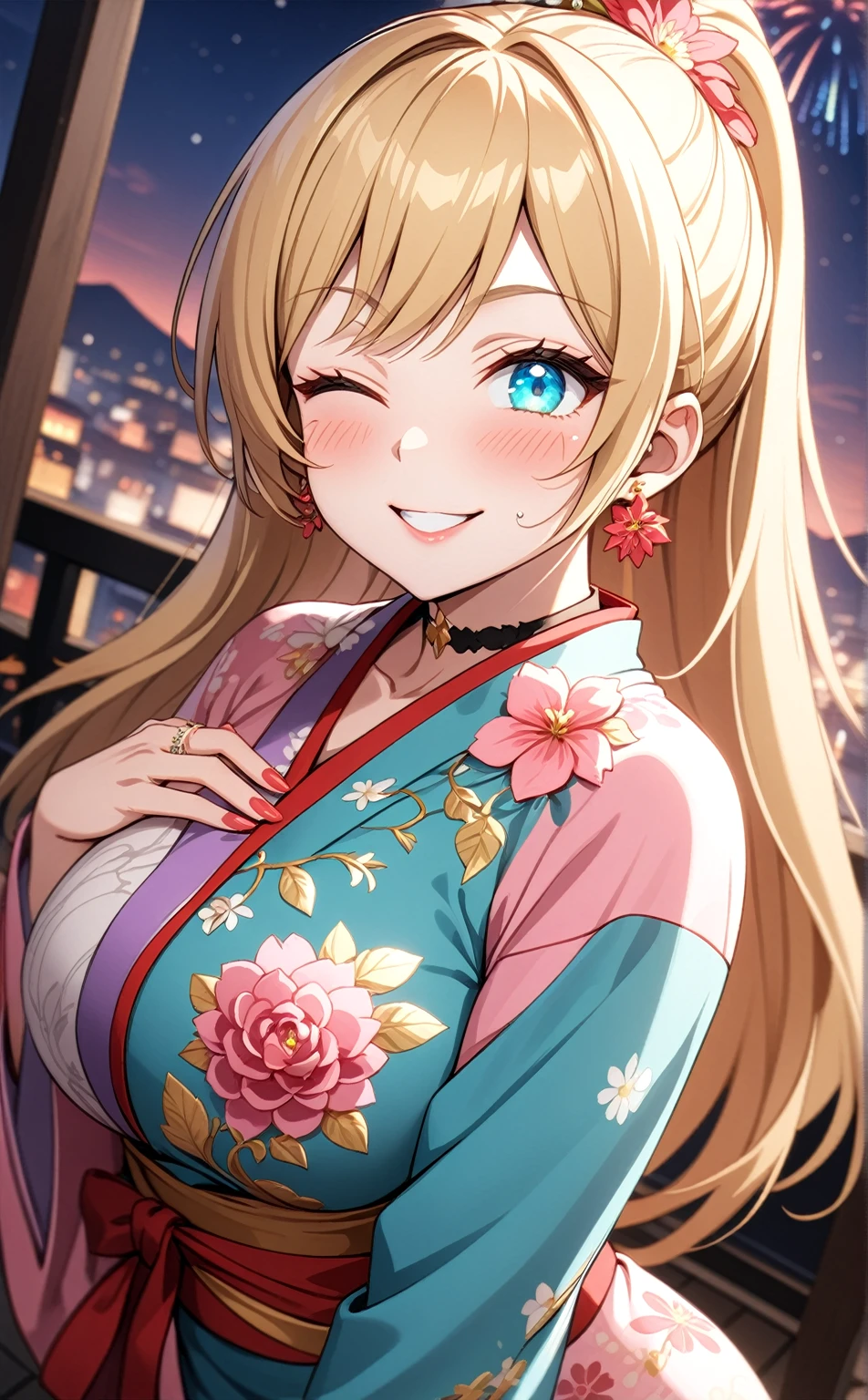 One personの女性)), Beautiful Face,Laughing embarrassedly,((Wink:2.0)),Laugh with your mouth wide open,((Bright red cheeks:1.4)),Glossy pink lips,night,rooftop,Festive decorations,You can see the ocean, firework,Glossy pink lips,Lighting on the face,((Anime style background)),masterpiece, Highest quality, so beautiful, Latest, Complex details, (Pink long nails),(ring),(flower bracelet),Floral choker,AI-generated, Complex,High resolution, Highest quality, super high quality,3D Images、View your viewers、3D Images,One person,Long blonde hair,High Ponytail,(Turquoise Eyes),Anime woman posing for a photo, (Fine grain,Colorful eyes,Shining Eyes:1.3),(Squint your eyes:1.1),a hyperRealistic , hyperRealistic , Realistic,Blonde anime woman with long hair, Smooth anime CG art, A woman in a colorful kimono with gold embroidery, (Pink long sleeve kimono),Red floral pattern,Long flower hair ornament,Large floral earrings,(ring),(Big Breasts:1.1),Mature Body,Tall,Big Ass,Narrow waist,Abdominal muscles,(Zoom in on face:2.0),Shooting from below at an angle,(Tilt the angle:1.5)