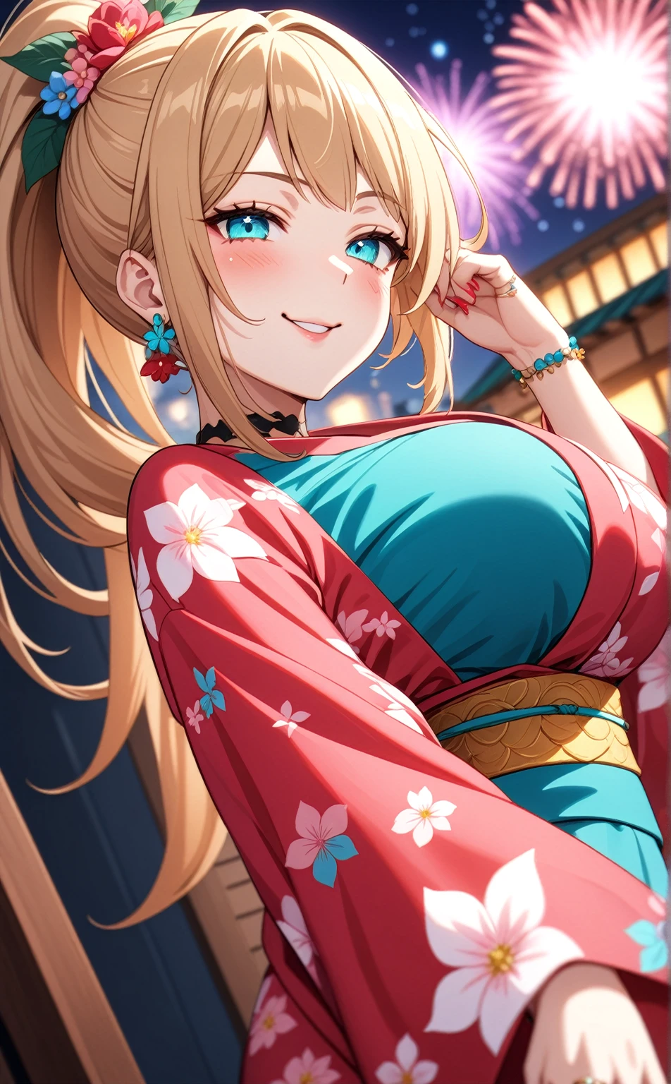 One personの女性)), Beautiful Face,Laughing embarrassedly,((Wink:2.0)),Laugh with your mouth wide open,((Bright red cheeks:1.4)),Glossy pink lips,night,rooftop,Festive decorations,You can see the ocean, firework,Glossy pink lips,Lighting on the face,((Anime style background)),masterpiece, Highest quality, so beautiful, Latest, Complex details, (Pink long nails),(ring),(flower bracelet),Floral choker,AI-generated, Complex,High resolution, Highest quality, super high quality,3D Images、View your viewers、3D Images,One person,Long blonde hair,High Ponytail,(Turquoise Eyes),Anime woman posing for a photo, (Fine grain,Colorful eyes,Shining Eyes:1.3),(Squint your eyes:1.1),a hyperRealistic , hyperRealistic , Realistic,Blonde anime woman with long hair, Smooth anime CG art, A woman in a colorful kimono with gold embroidery, (Pink long sleeve kimono),Red floral pattern,Long flower hair ornament,Large floral earrings,(ring),(Big Breasts:1.1),Mature Body,Tall,Big Ass,Narrow waist,Abdominal muscles,(Zoom in on face:2.0),Shooting from below at an angle,(Tilt the angle:1.5)