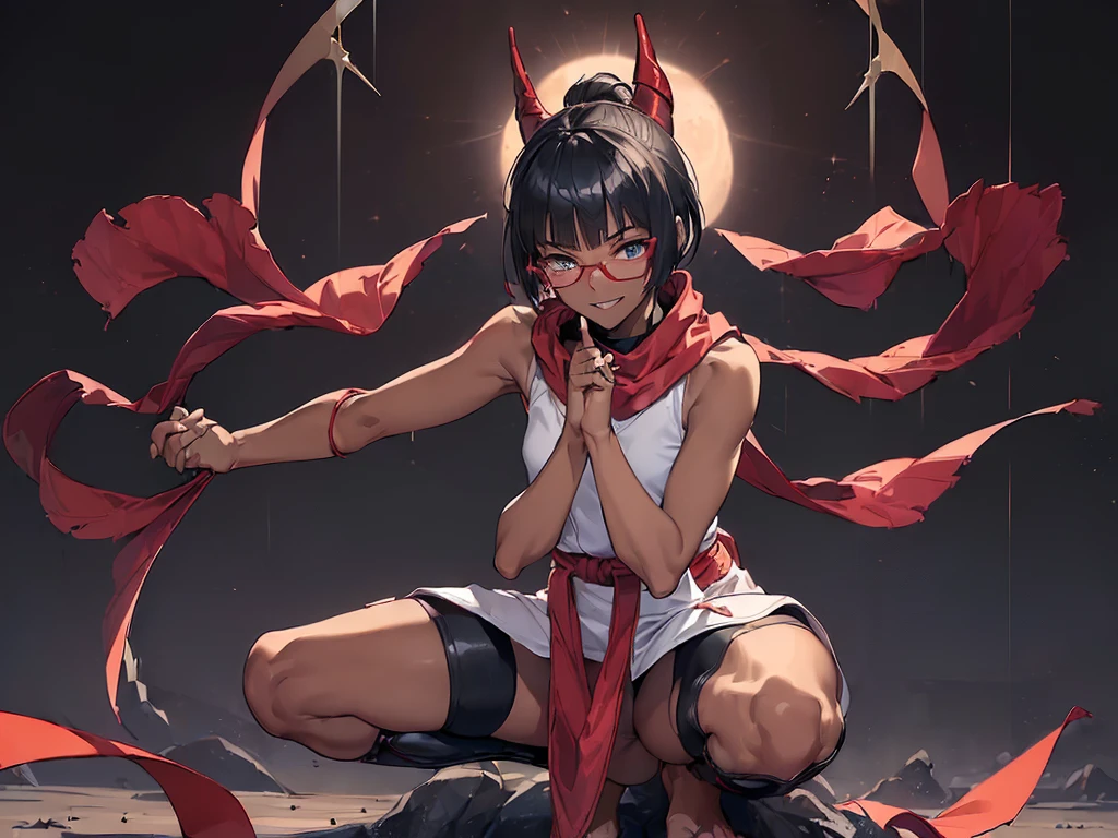 (flat chest), (masterpiece:1.2), highest quality, High resolution, unity 8k wallpaper, (fine and beautiful eyes:1.6), highly detailed face, perfect lighting, Detailed CG, (perfect hands, perfect anatomy), (1 boy solo:1.4), 20 years old, (black hair:1.3), extremely beautiful detailfeminine face and eyes, (evil smile:1.4), detailed eyes, best quality,(very dark skin:1.8), (turtleneck shirt under yukata:1.2), (bike shorts:1.2), extremely detailed, very precise detailed, (glasses:1.3), blunt bangs, open mouth, (very short pixie cut:1.2), boots,(fingerless gloves:1.2), smile, half closed eyes,long sidelocks,(long red Scarf),(yukata),(squatting),(acrobat pose:1.3),(squat:1.3),(one knee dwon:1.5),(put one foot in front:1.3) ,(index fingers up:1.7),(own hands clasped:1.7), spread legs,(elbow up:1.3),(4 arms:1.8)