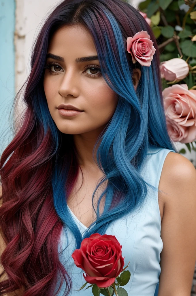 rías gremori, cabello rojo,with a light blue Yucatan with rose petals