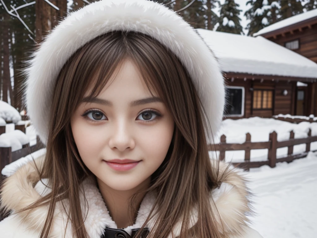fluffyの毛皮。fluffy、A close-up of a fair-skinned Russian girl with a young face。A frontal shot looking directly at the viewer、Smiling。Beautiful women in luxurious furs。Old-fashioned。Fisheye Lens、Fur coat。snow。