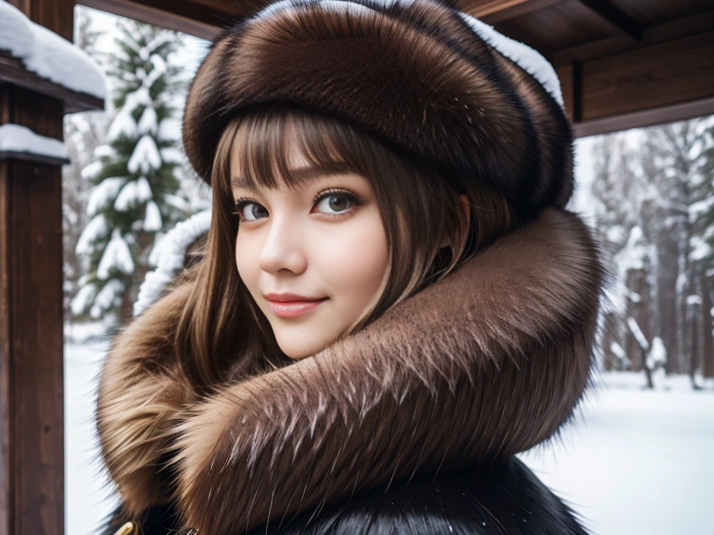 fluffyの毛皮。fluffy、A close-up of a fair-skinned Russian girl with a young face。A frontal shot looking directly at the viewer、Smiling。Beautiful women in luxurious furs。Old-fashioned。Fisheye Lens、Fur coat。snow。