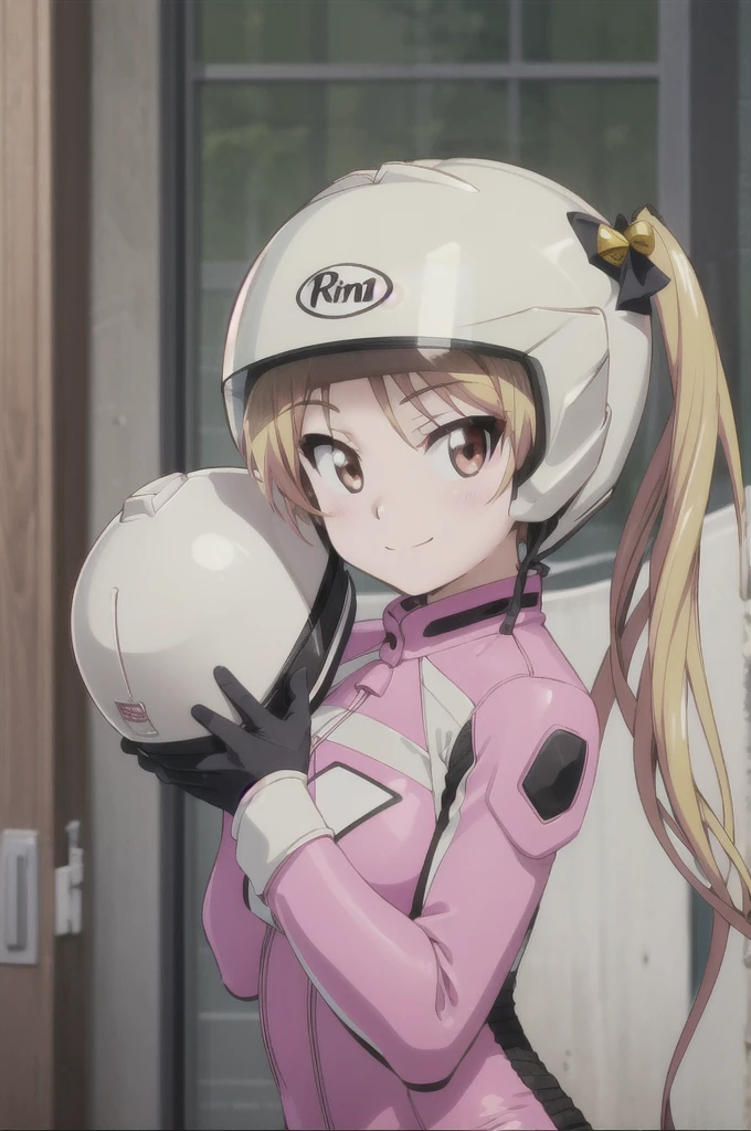 (((pixel-perfect, detail-perfect))), solo, 1girl, rin suzunoki, pink bikesuit, helmet removed, looking at viewer, smile, upper body