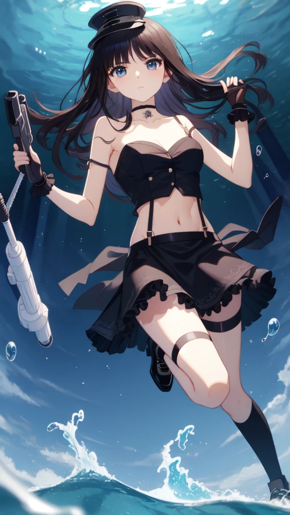 navel, choker, midriff, strap slip, peaked cap, fingerless gloves, (hat, mini top hat, single thighhigh, black skirt, frilled dress:1.2) ,water gun,