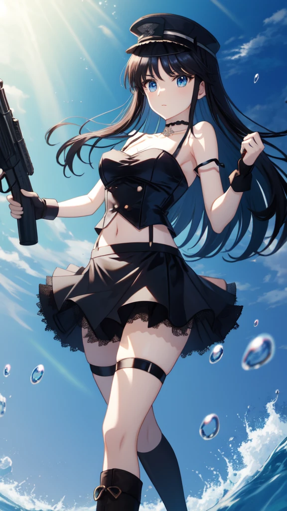 navel, choker, midriff, strap slip, peaked cap, fingerless gloves, (hat, mini top hat, single thighhigh, black skirt, frilled dress:1.2) ,water gun,