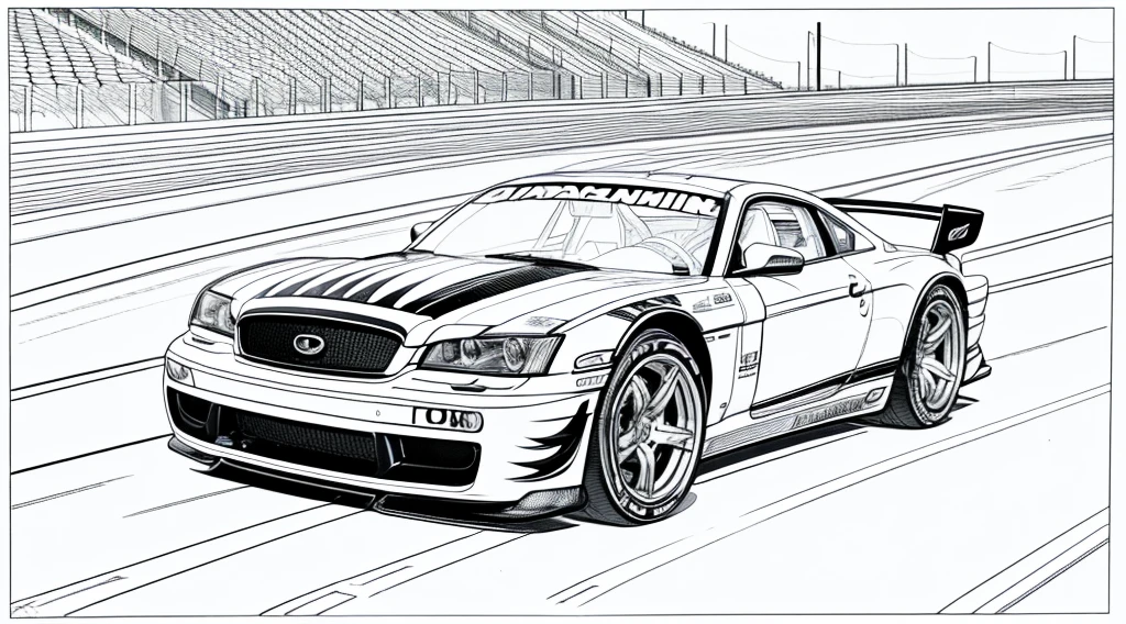 Coloring book page, beautifully drawn, black and white, car racing on a track, simple line, illustration, ink drawing, very prominent thick outlines, clean lines, line drawing, clipart. A car is moving along the road, another one is catching up behind it. In the background - stands and scoreboard.