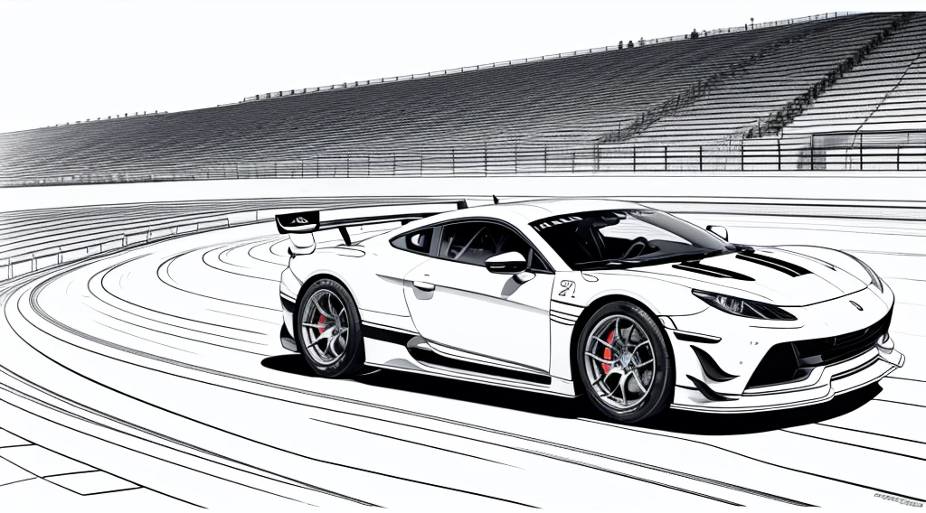 Coloring book page, beautifully drawn, black and white, car racing on a track, simple line, illustration, ink drawing, very prominent thick outlines, clean lines, line drawing, clipart. A car is moving along the road, another one is catching up behind it. In the background - stands and scoreboard.
