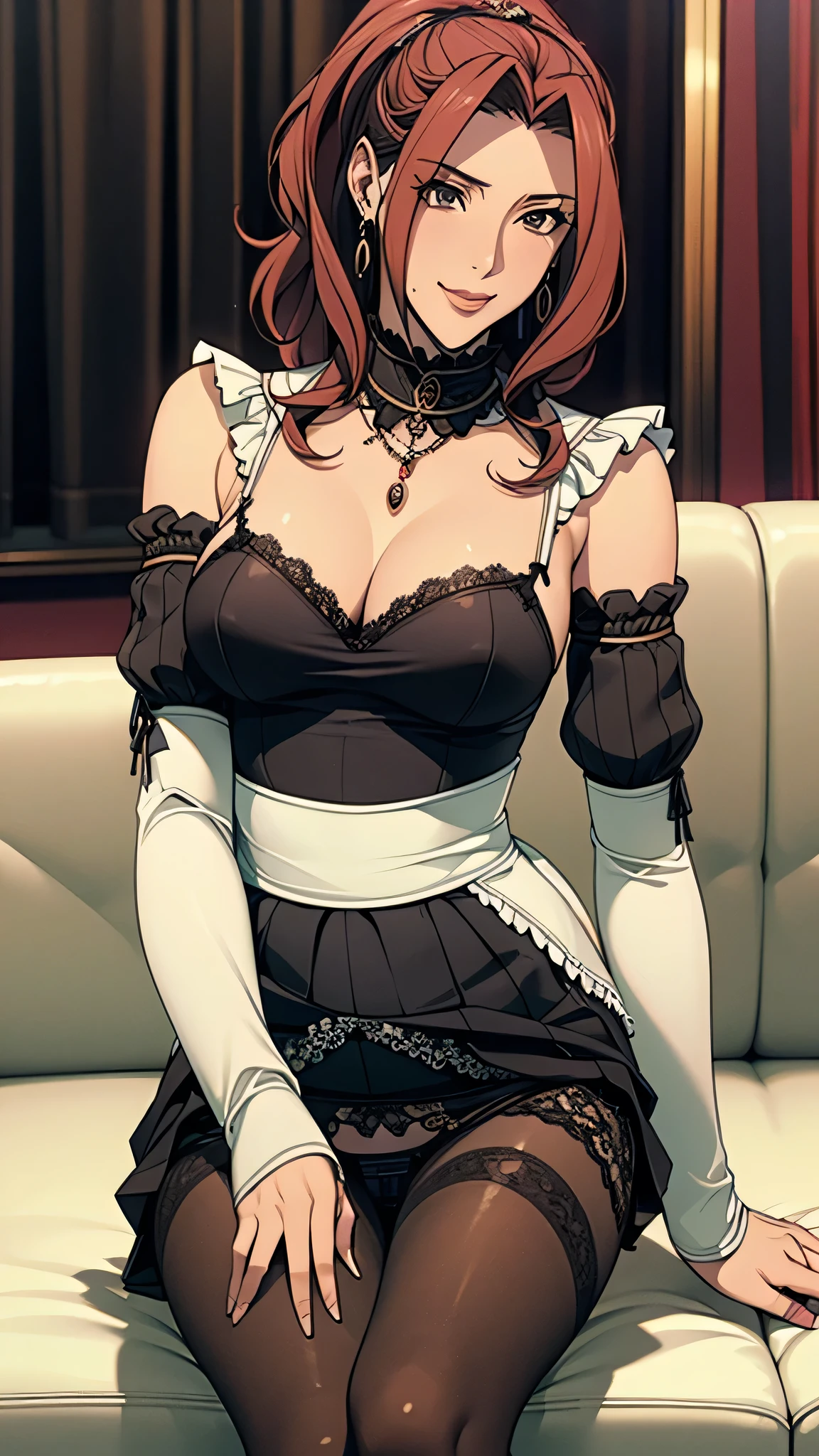 (((Highest quality))),(((High resolution))),((Correct Anatomy)),((Maid clothes)),(((Long Hair))),(((Highest quality))),(((Maid))),((((Black panties)))), ((Black Pantyhose)),((Pleated skirt)),((Fancy Lingerie)),((Black knee-high stockings)),((A shy smile)),(((Mature MILF)))、(One mature woman)、((Long Hair))、((ponytail))、I could see the whole body, Soft Breasts, Dynamic Angle, Perfect body, ((Earrings、necklace,Pleated skirt)),Large sofa