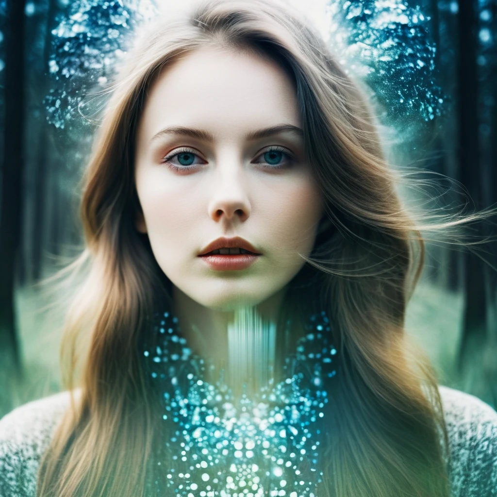 (Double Exposure Photography by Stanley Stellar and Josefa Pla Marco:1.2), award-winning photography, pale skin, evil slavic woman, long dark blond hair, upper body, aesthetic, dazzling atmosphere, atmospheric scattering, perfectly focused, f/22, symmetry and balance, artistic, infrared photography, outstanding details, (opal multi-color and opaque colors:0.1), ((artistic model pose for photo))